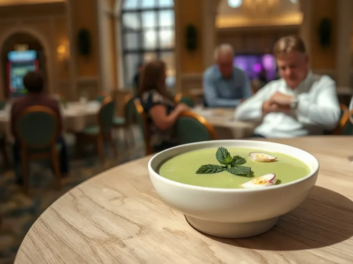 Chilled pea velouté topped with mint and crisp radish in an ivory bowl on oak.