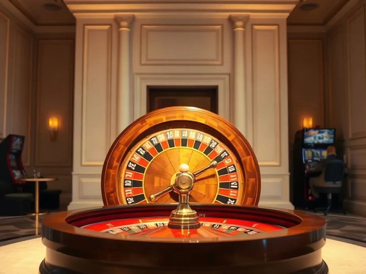 A physical roulette wheel beside a felt table, with pale plaster and warm indirect light.
