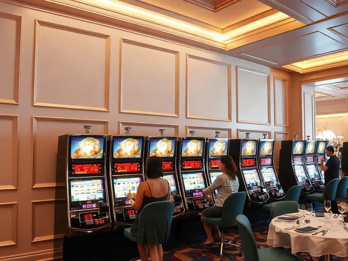 A row of slot machines in a spacious area with oak accents and warm light.