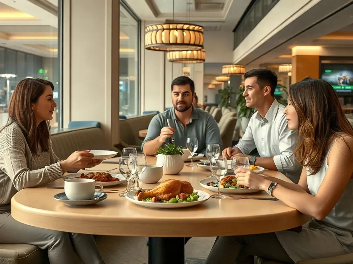 Adults sharing small plates at an oak table in soft daylight beside sage seating.