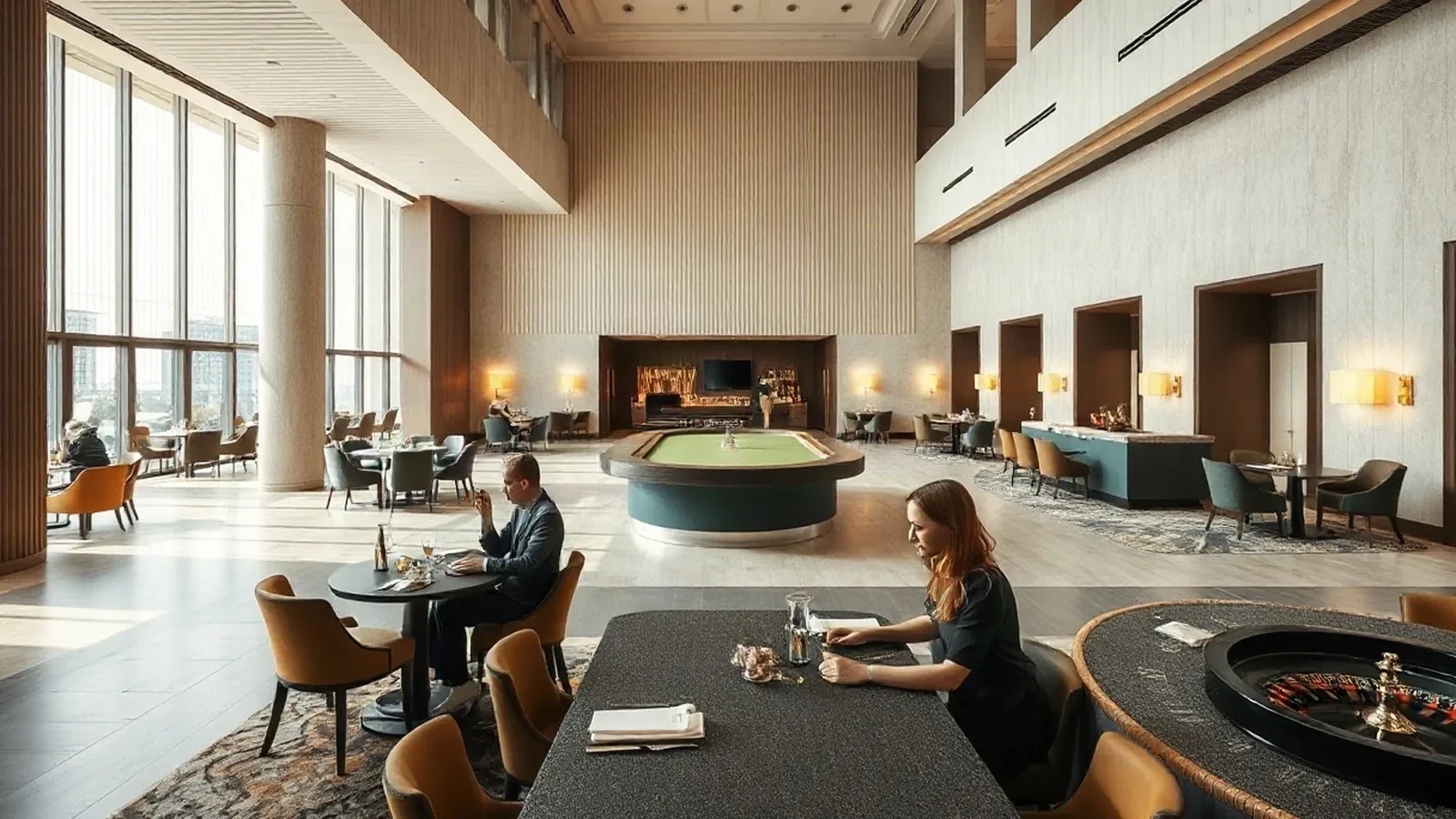 A broad casino interior with gaming tables, pale plaster, oak details and filtered light through ribbed glass.