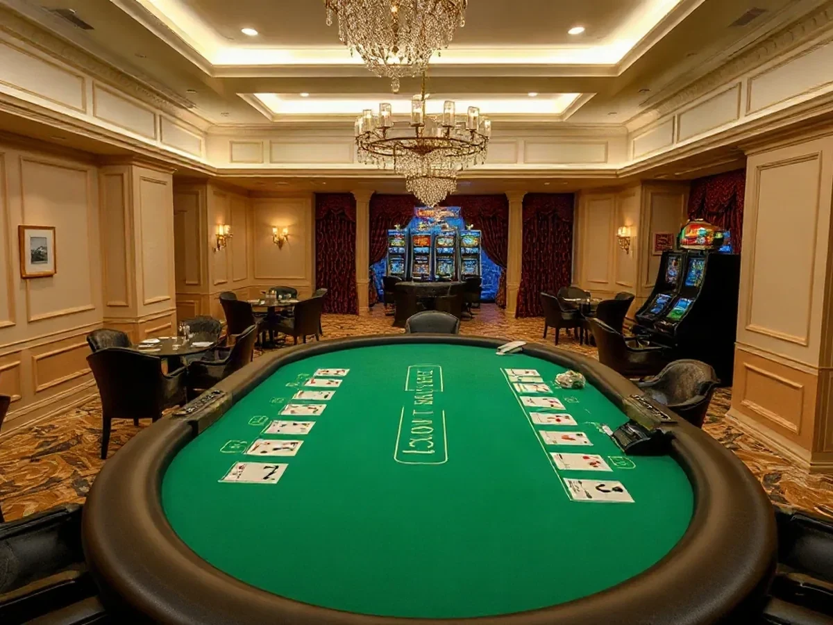 A physical blackjack table with a curved felt surface beneath warm, gentle lighting.